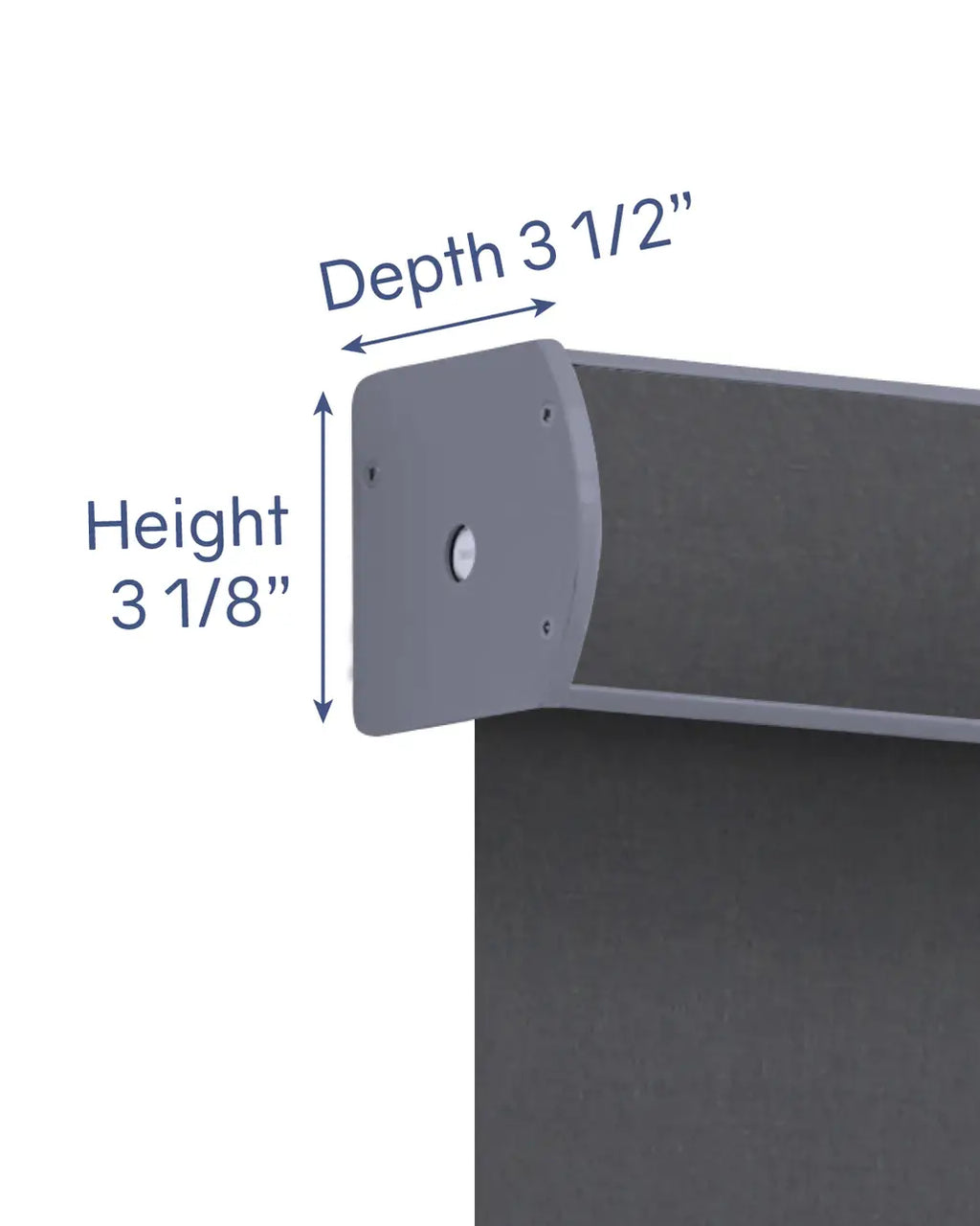 Close-up of roller shade headrail bracket showing depth of 3.5 inches and height of 3.125 inches