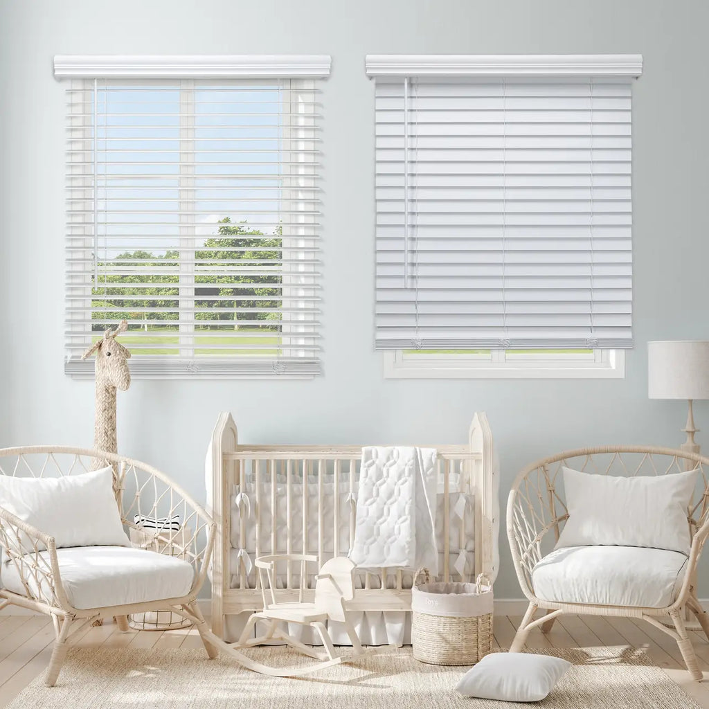 2" Cordless Faux Wood Blinds in a nursery, styled above crib and rattan chairs
