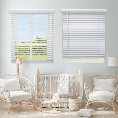 2" Cordless Faux Wood Blinds in a nursery, styled above crib and rattan chairs