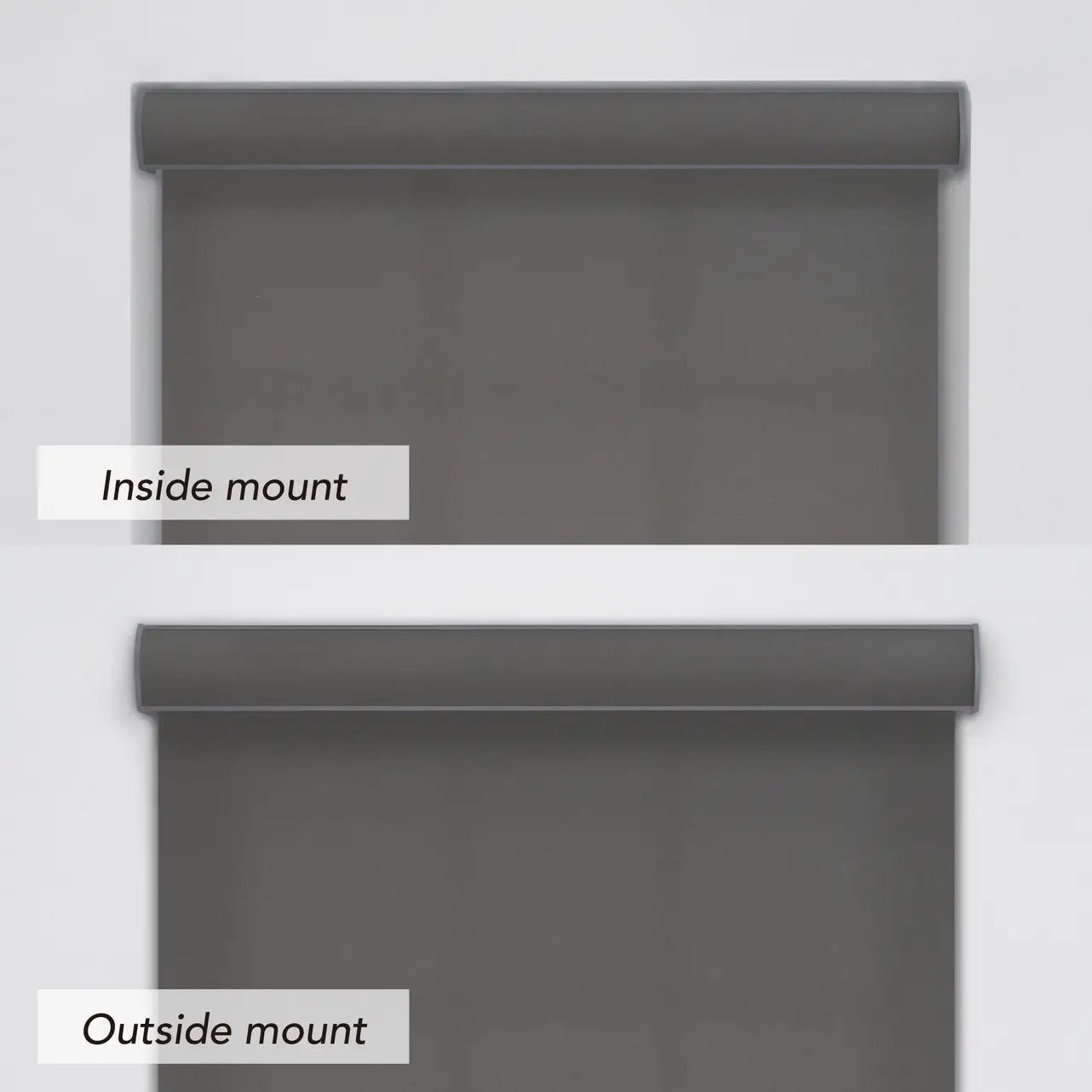 Comparison of inside mount versus outside mount installation for a dark gray roller shade