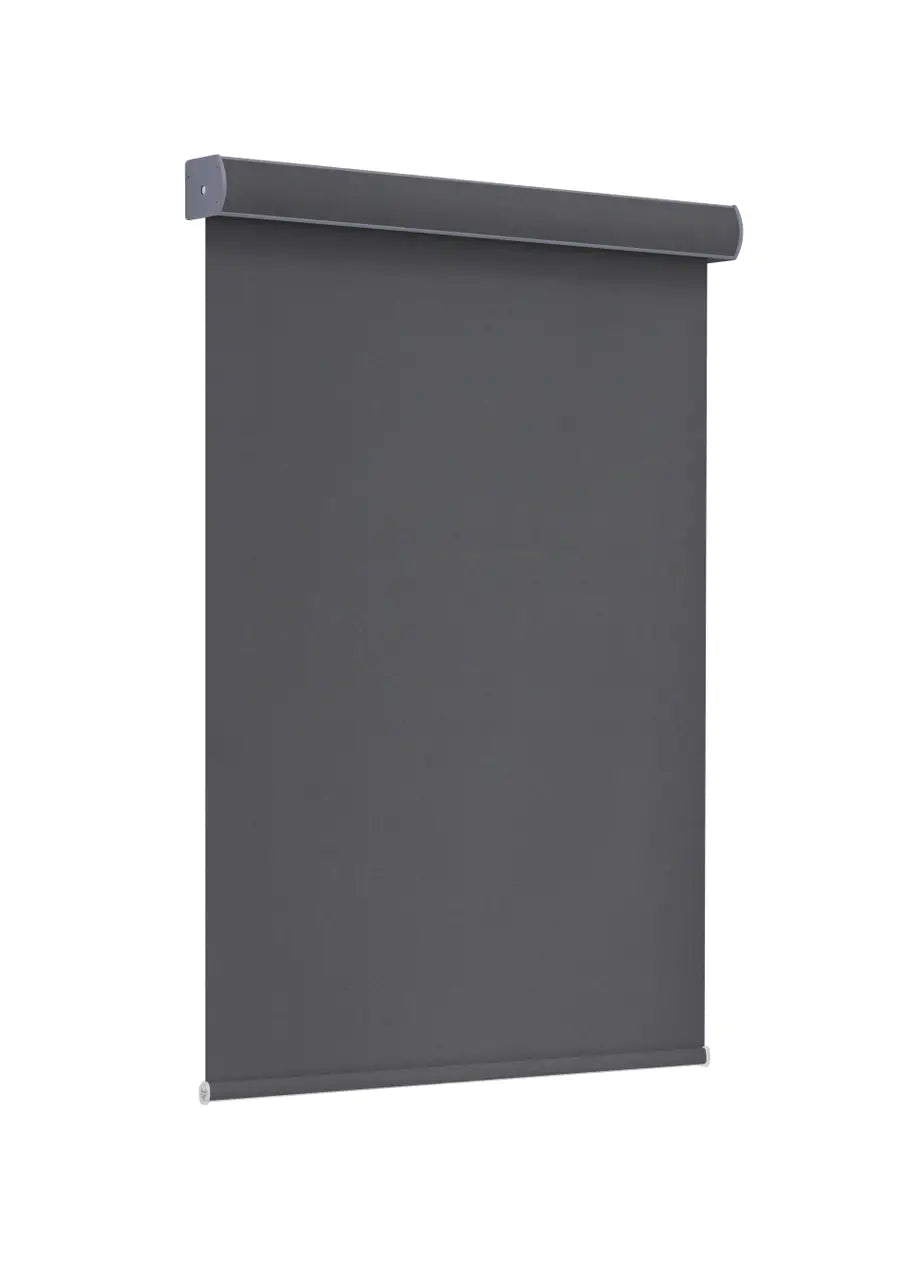 Dark gray roller shade mounted inside a white window frame, partially lowered to show fabric texture and light control