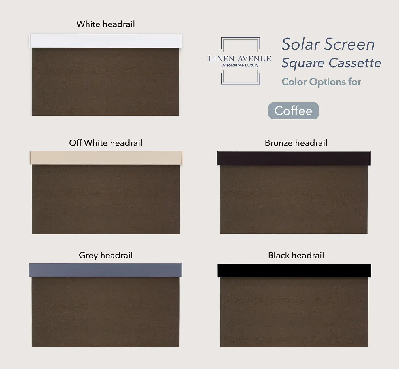 Solar Screen Square Cassette headrail color options in coffee fabric — white, off white, bronze, grey, and black headrail choices