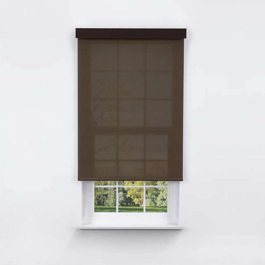 5% Solar Screen Roller Shade in coffee, front view on window with cassette headrail