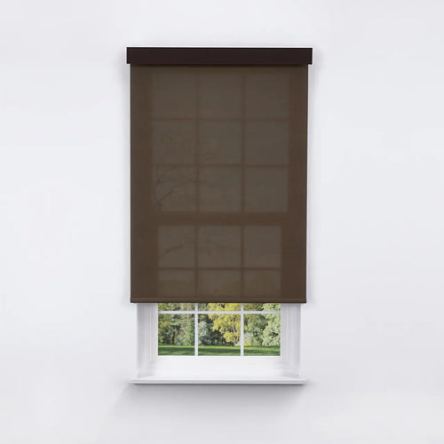 5% Solar Screen Roller Shade in coffee, front view on window with cassette headrail