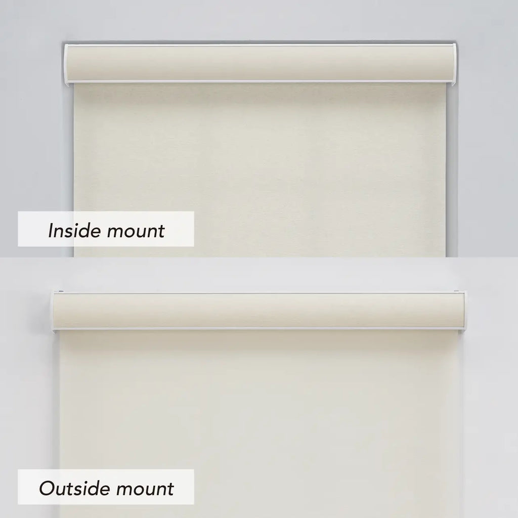 Coastal Light Filtering Roller Shade shown in inside mount and outside mount installation