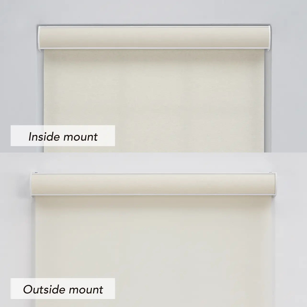 Coastal Light Filtering Roller Shade shown in inside mount and outside mount installation