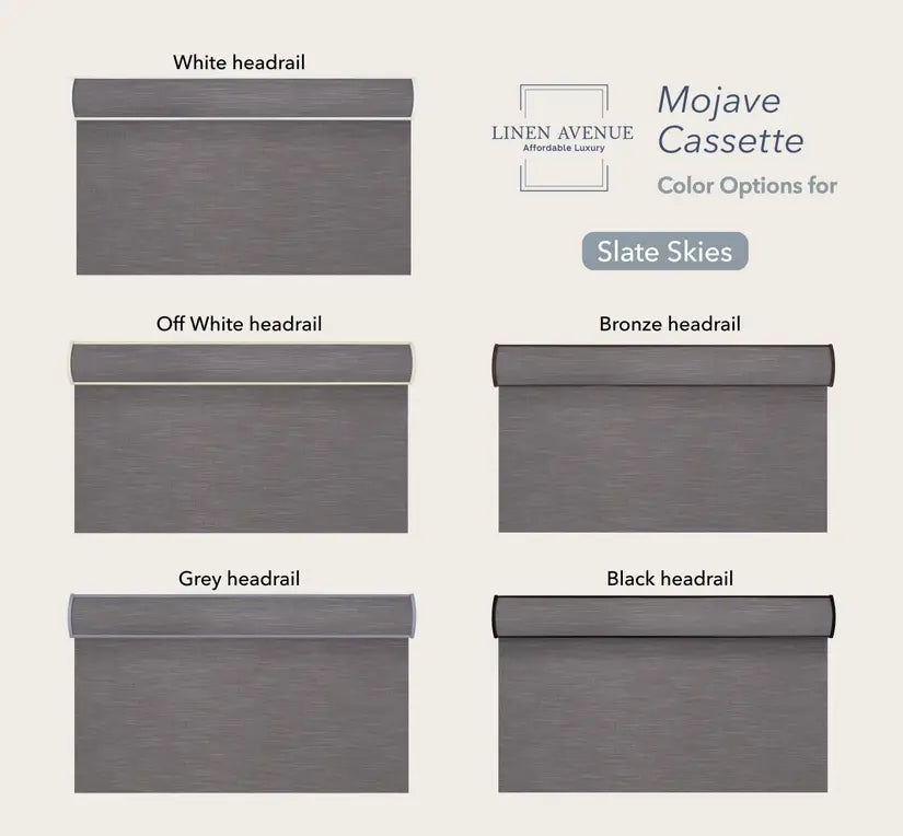 Mojave roller shade shown with white, off-white, grey, bronze, and black headrail options