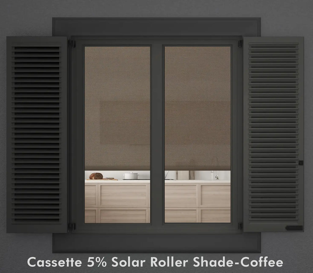 5% Solar Screen Roller Shade in coffee, shown on a kitchen window with exterior shutters