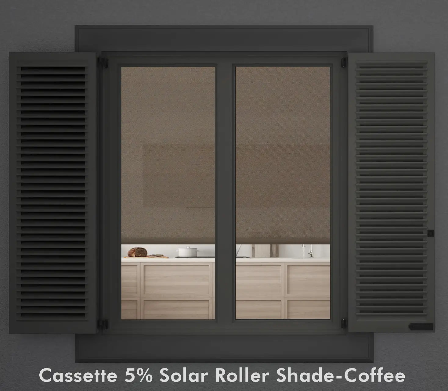 5% Solar Screen Roller Shade in coffee, shown on a kitchen window with exterior shutters