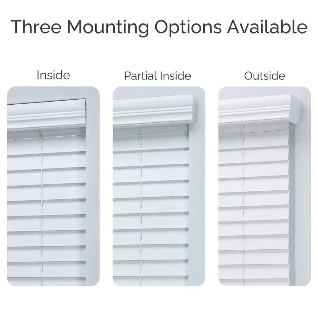 2" Faux Wood Blind mounting options comparison — inside, partial inside, and outside mount
