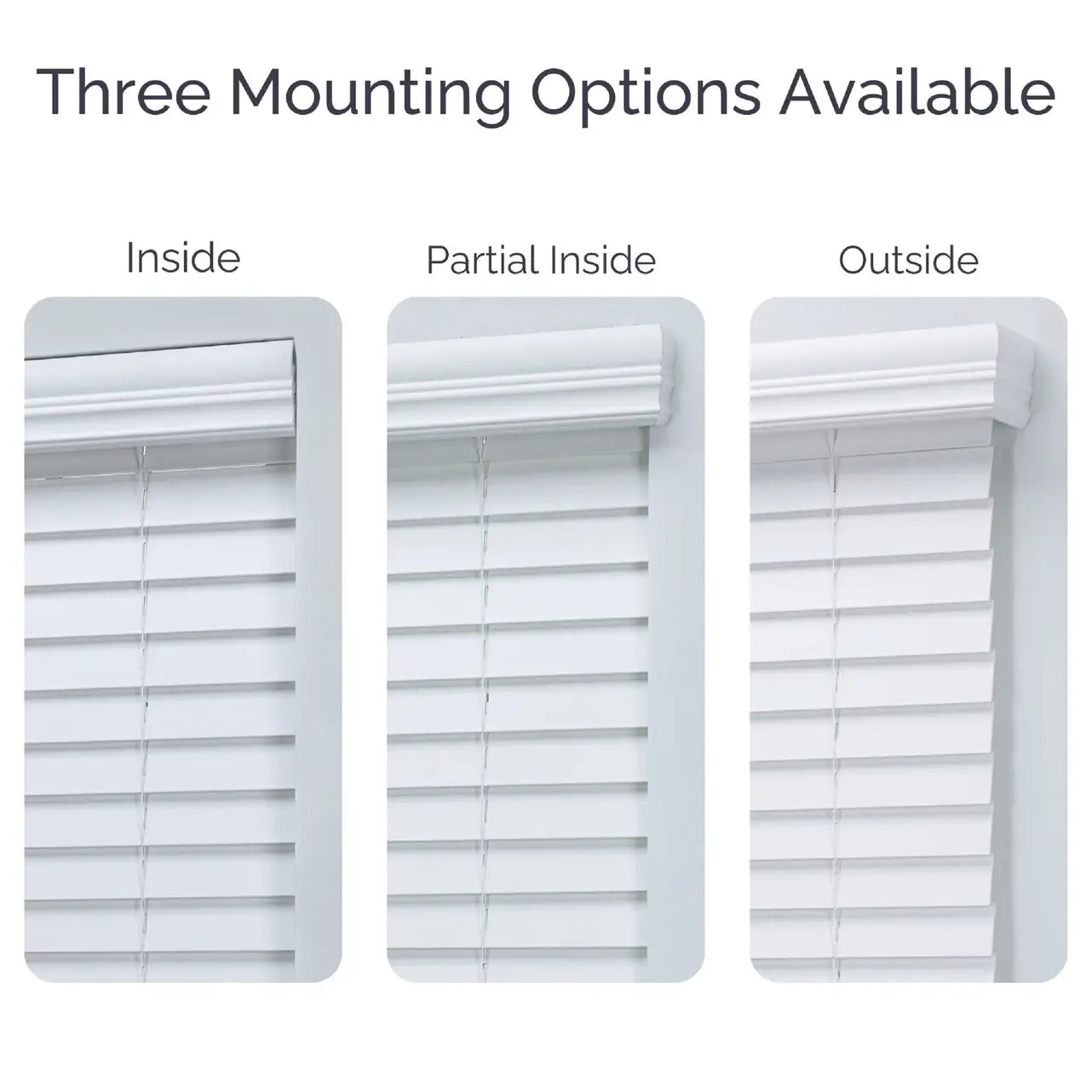 2" Faux Wood Blind mounting options comparison — inside, partial inside, and outside mount