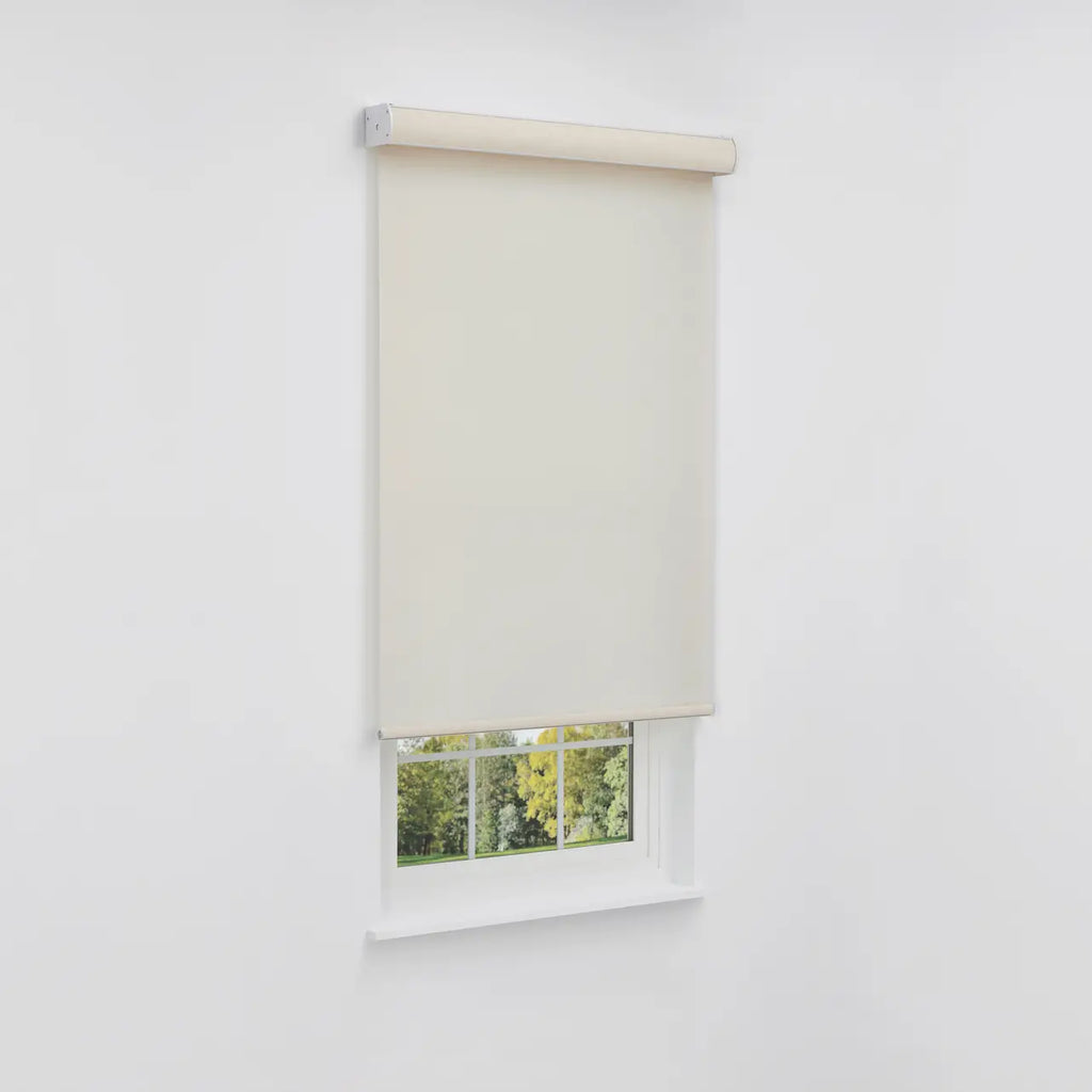 Coastal Light Filtering Roller Shade in Sandbar Cream, front view on window
