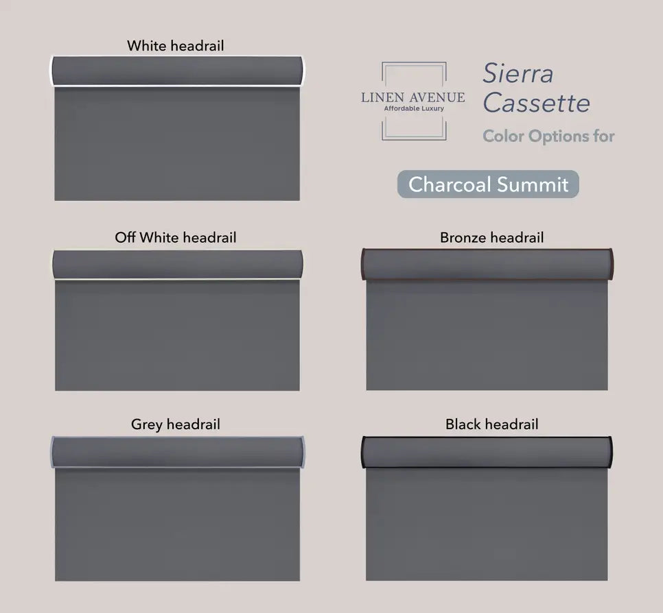 Charcoal Summit Sierra Cassette roller shade shown with five headrail color options — white, off-white, grey, bronze, and black — by Linen Avenue