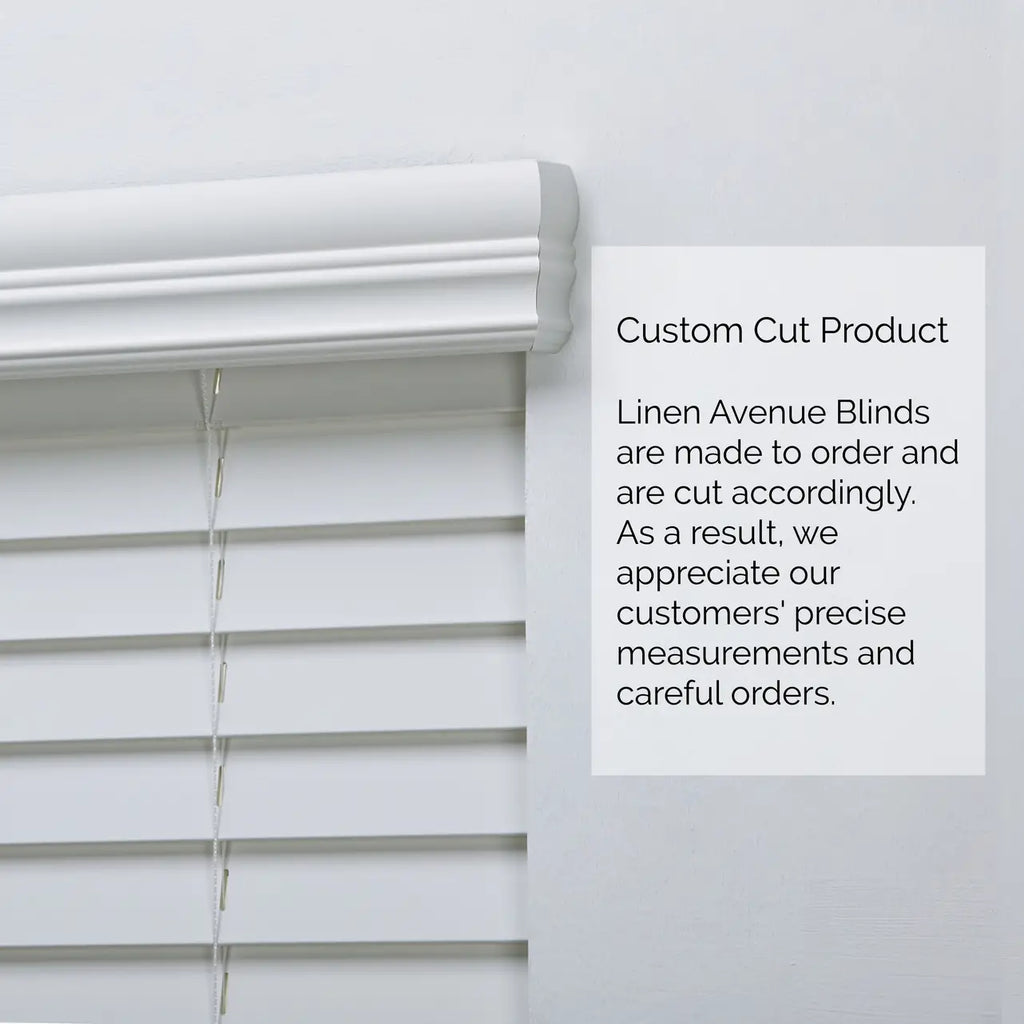 Close-up of 2" Cordless Faux Wood Blind headrail, custom cut to size