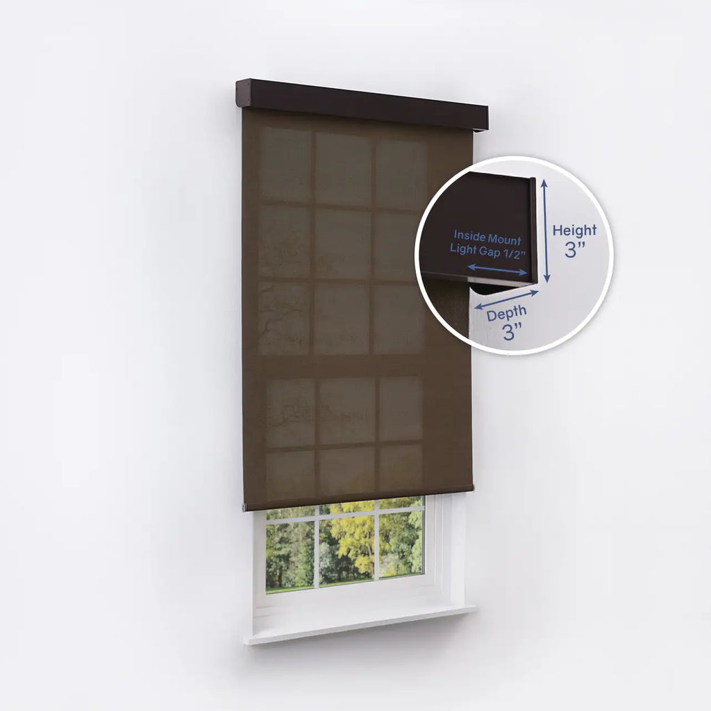 5% Solar Screen Roller Shade in coffee, inside mount with height and depth dimensions shown