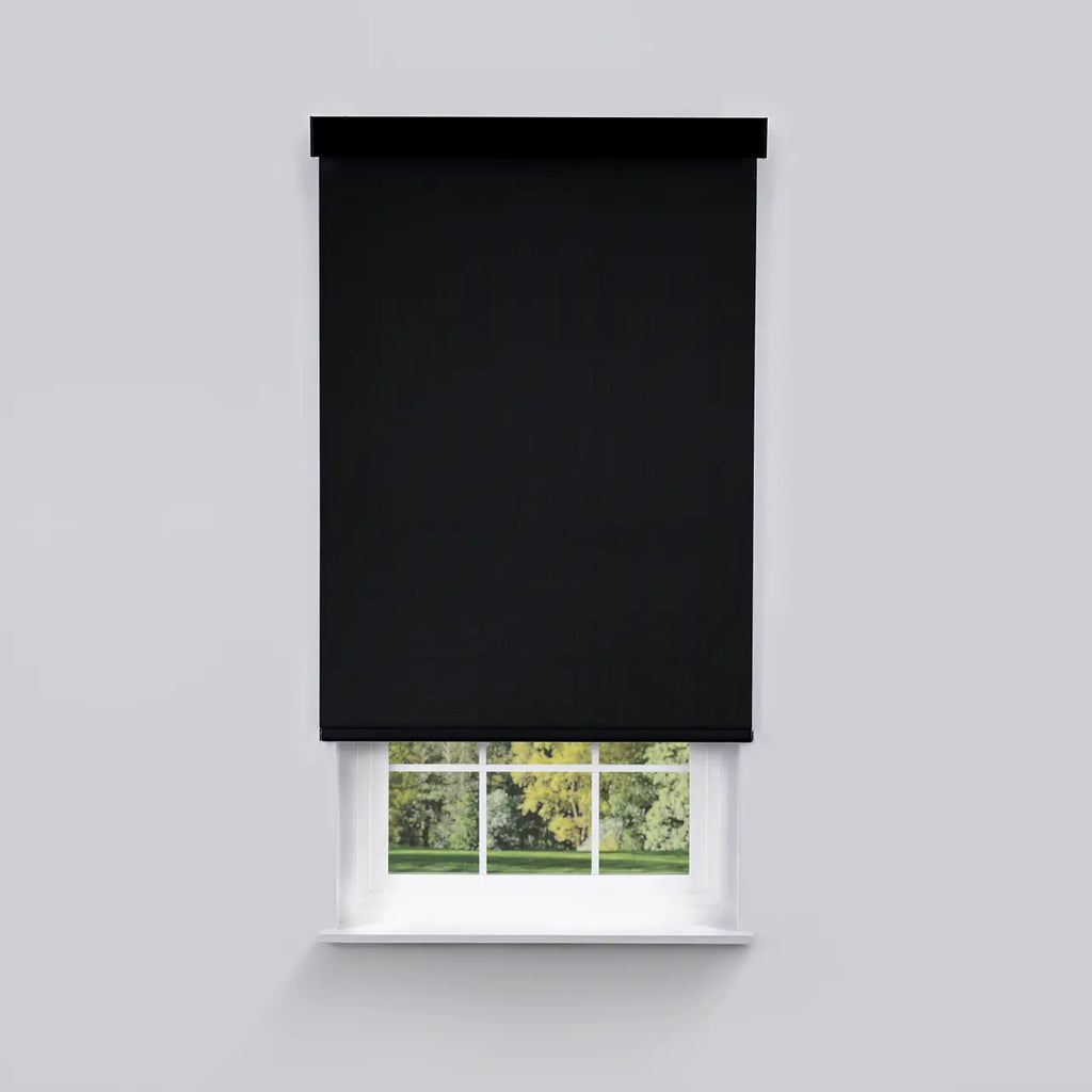 1% Solar Screen Roller Shade in black, front view on window with cassette headrail