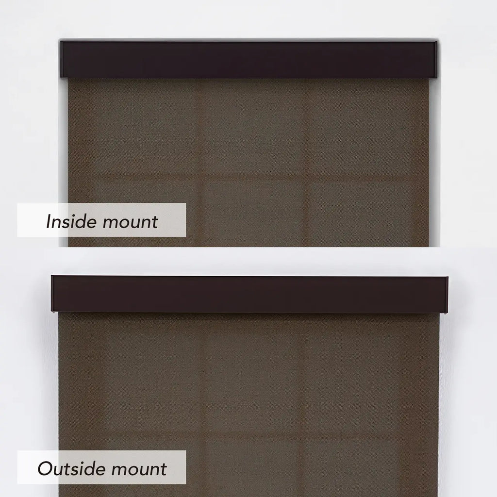 5% Solar Screen Roller Shade in coffee, comparison of inside mount vs outside mount installation