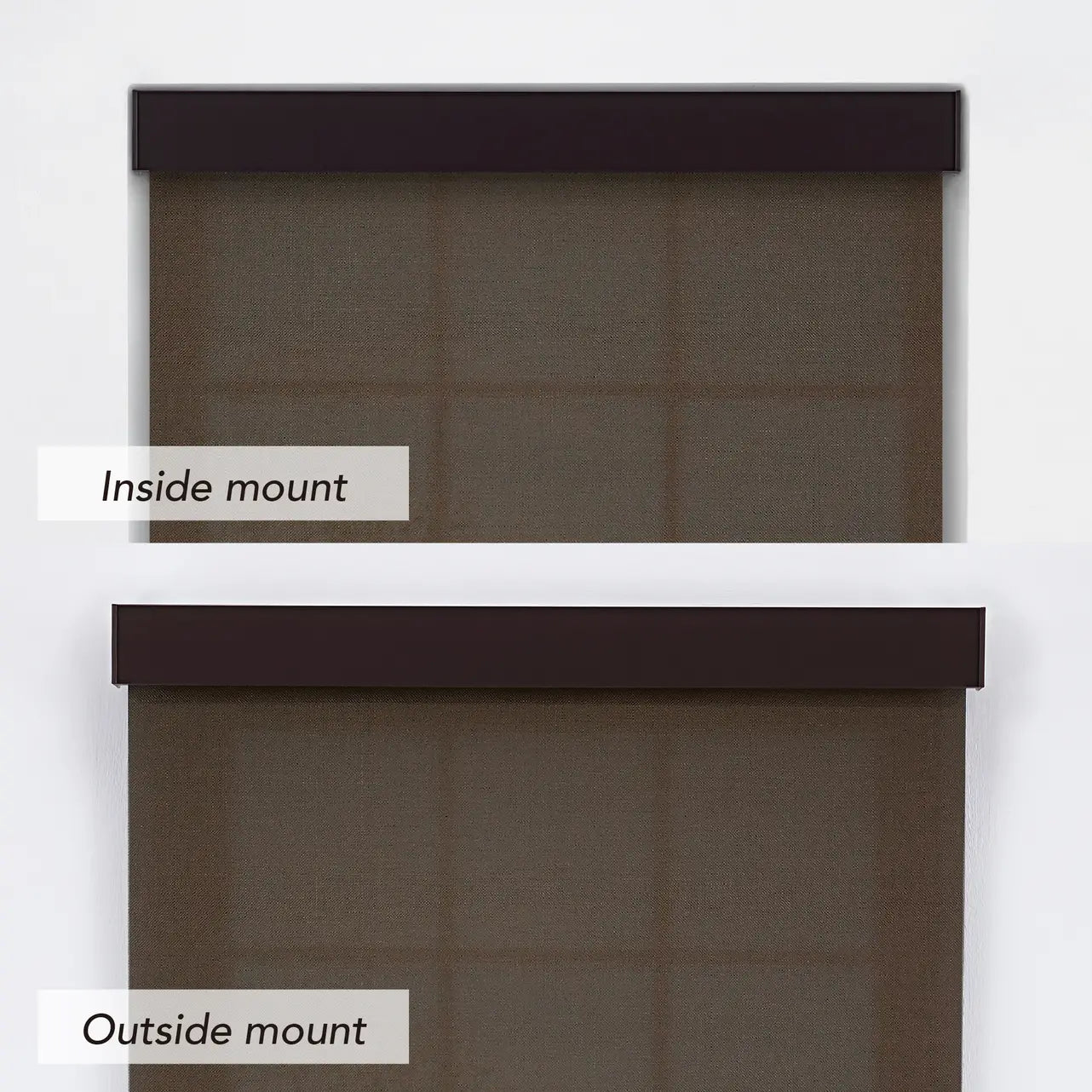 5% Solar Screen Roller Shade in coffee, comparison of inside mount vs outside mount installation