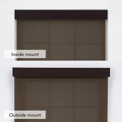 5% Solar Screen Roller Shade in coffee, comparison of inside mount vs outside mount installation