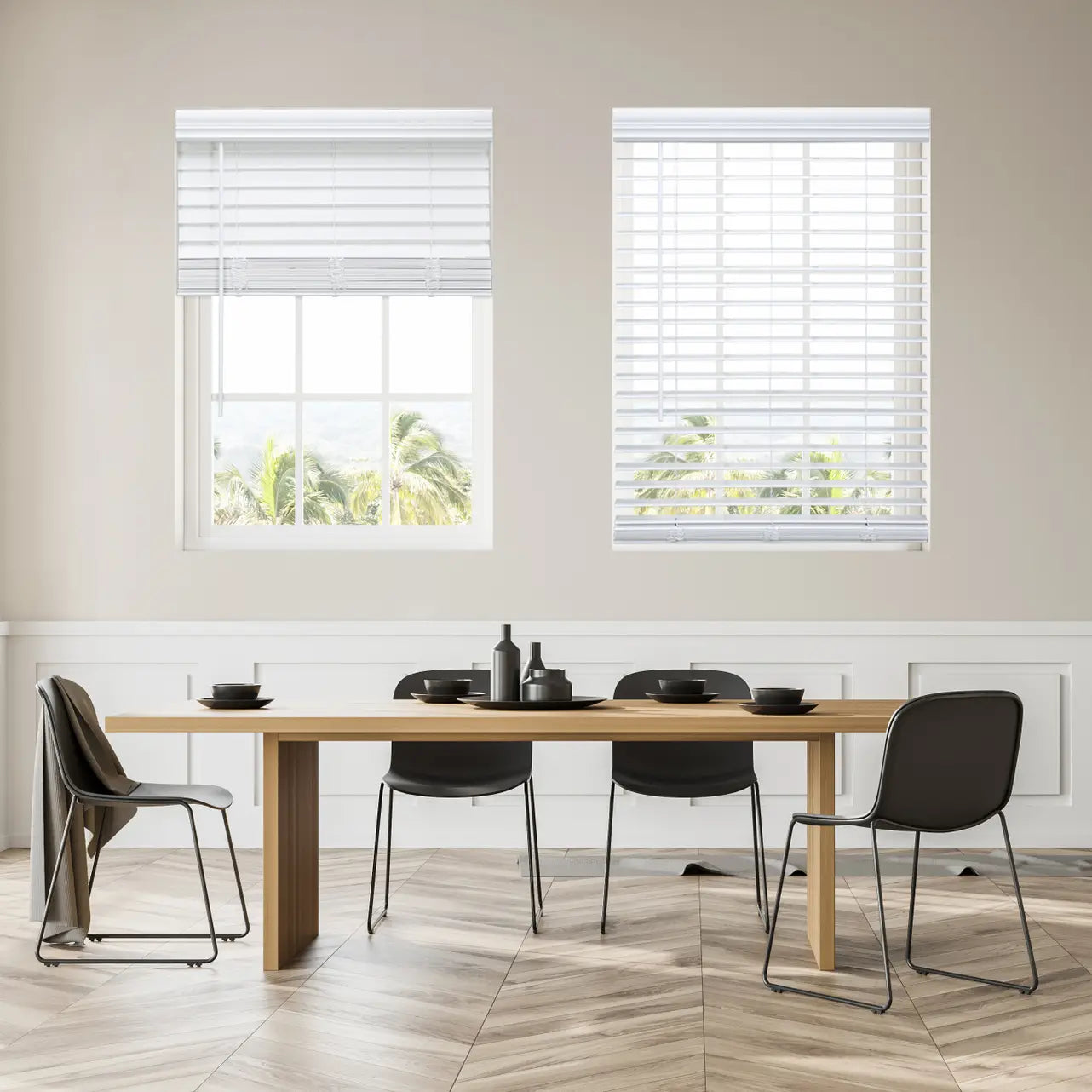 White 2" Cordless Faux Wood Blind, front view on window with green lawn visible