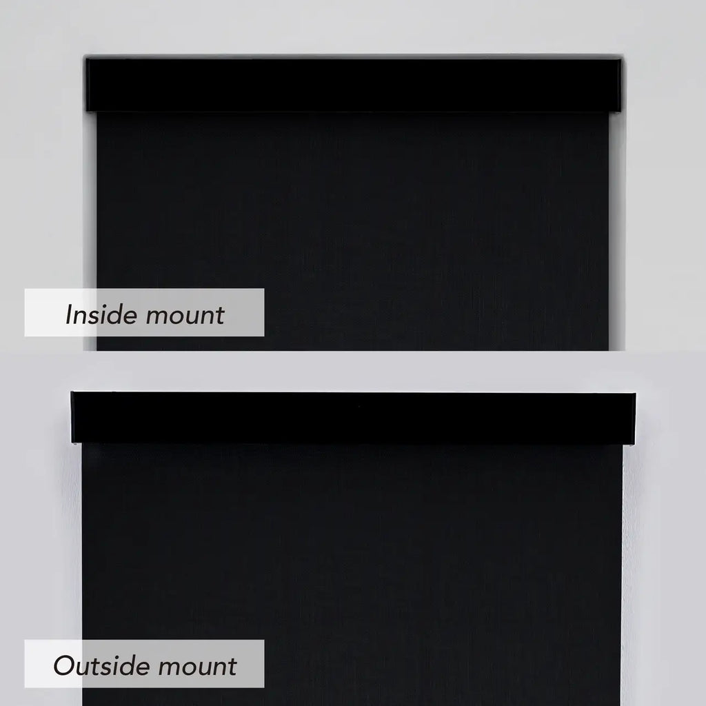 1% Solar Screen Roller Shade in black, comparison of inside mount vs outside mount installation