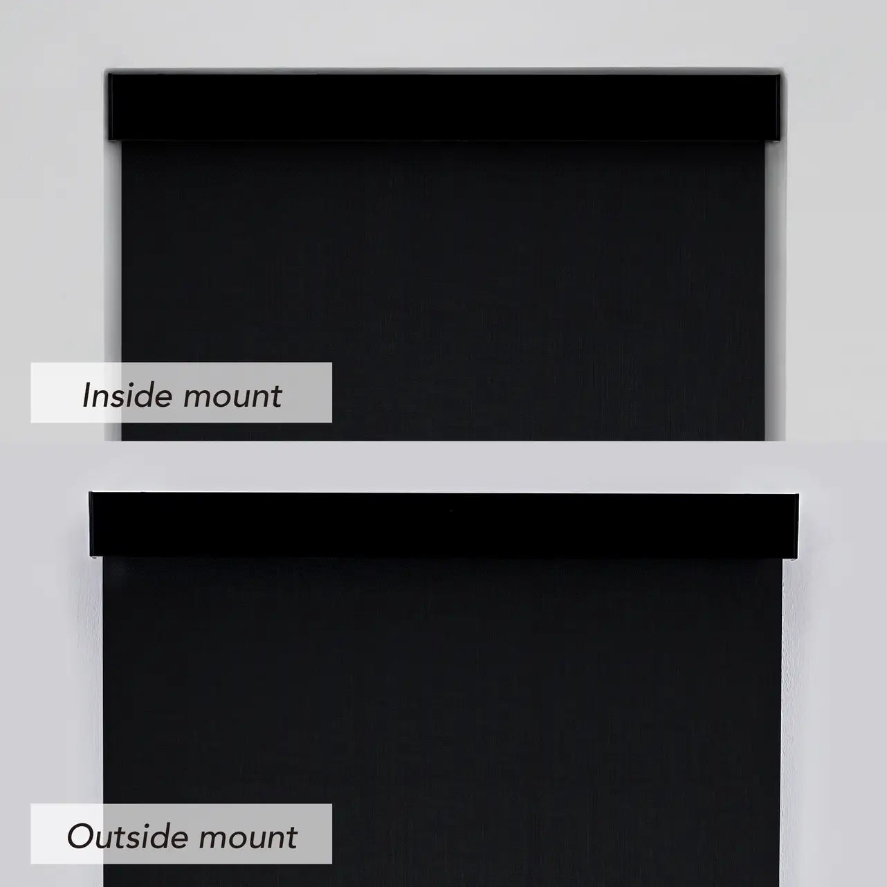 1% Solar Screen Roller Shade in black, comparison of inside mount vs outside mount installation