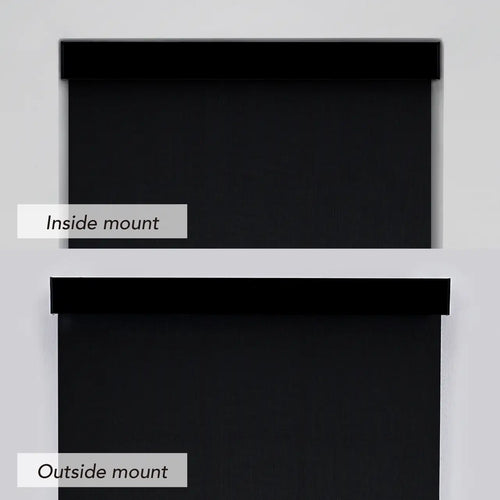 1% Solar Screen Roller Shade in black, comparison of inside mount vs outside mount installation