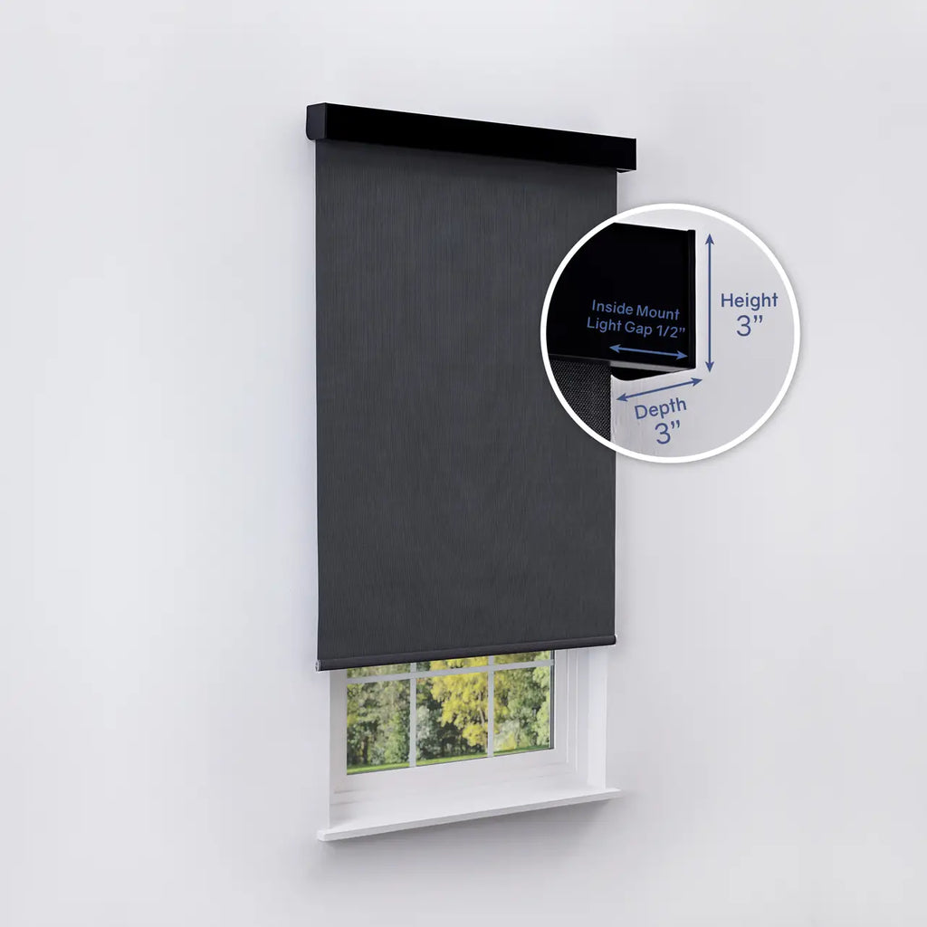 1% Solar Screen Roller Shade in charcoal, inside mount with height and depth dimensions shown