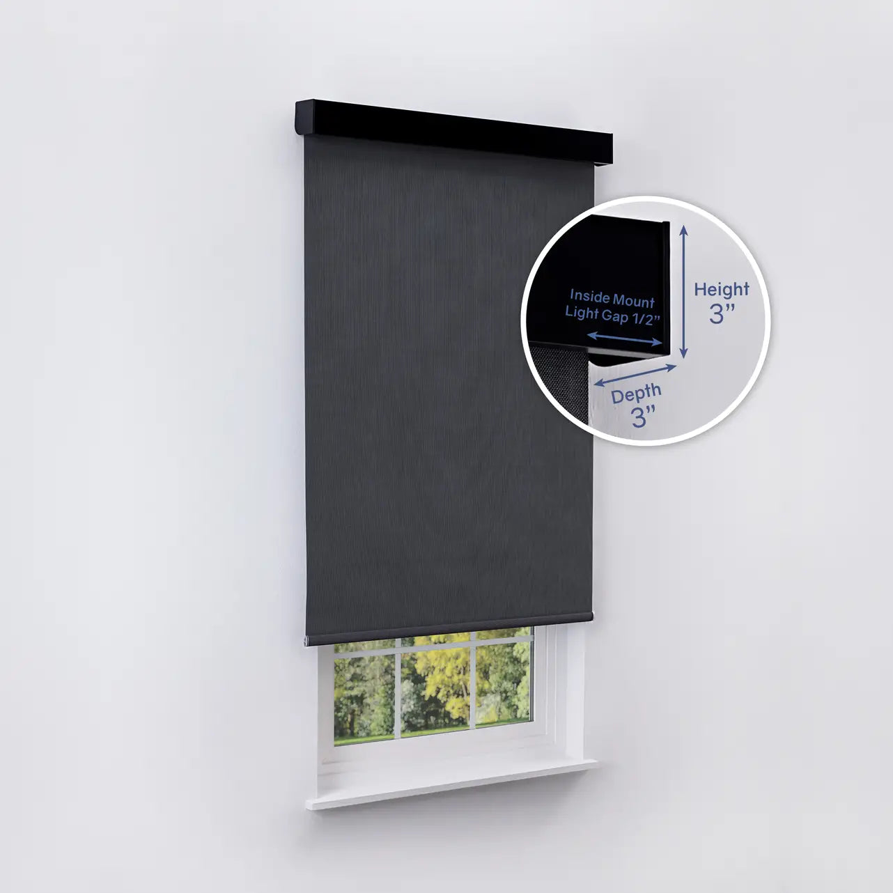 1% Solar Screen Roller Shade in charcoal, inside mount with height and depth dimensions shown