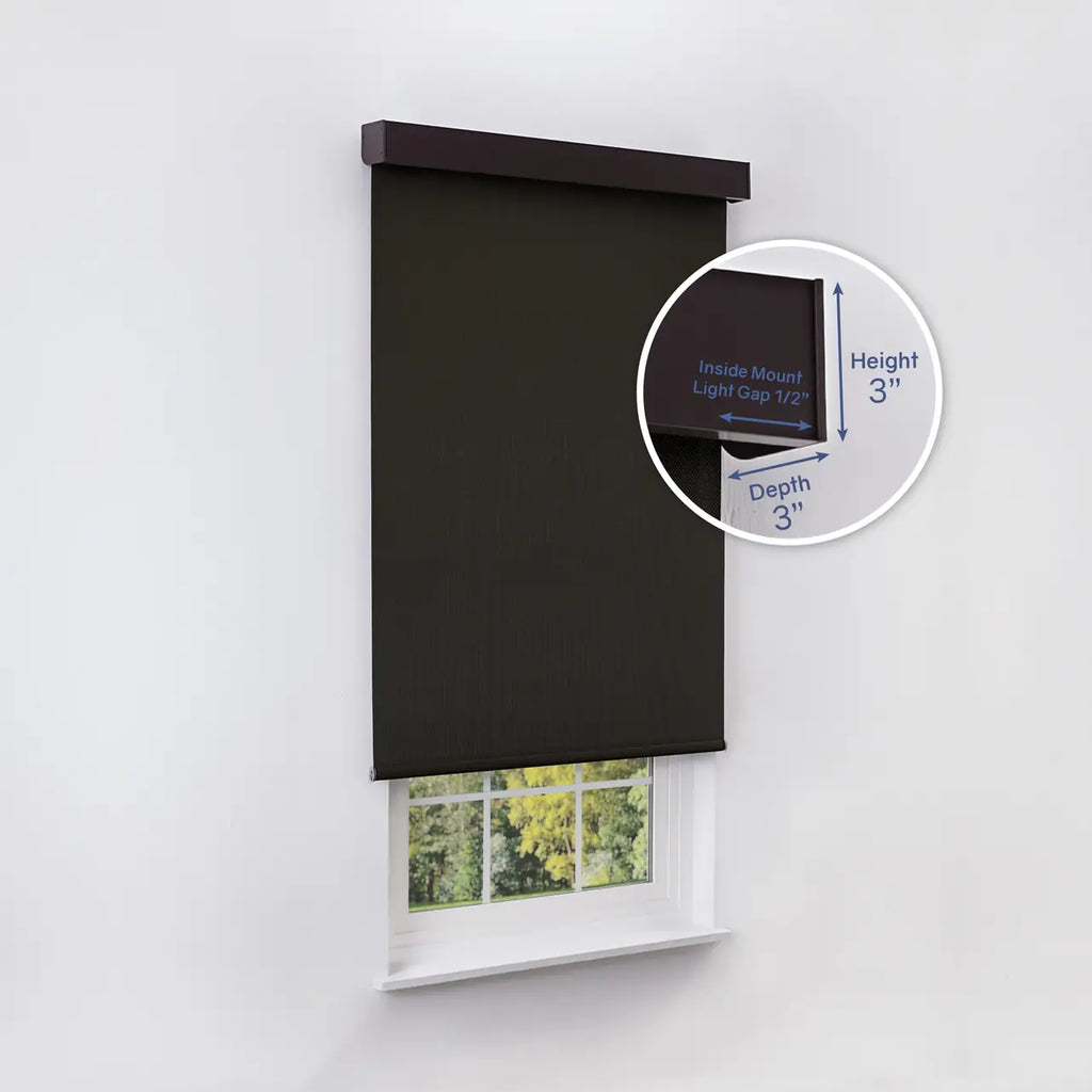 1% Solar Screen Roller Shade in coffee/brown, inside mount with height and depth dimensions shown