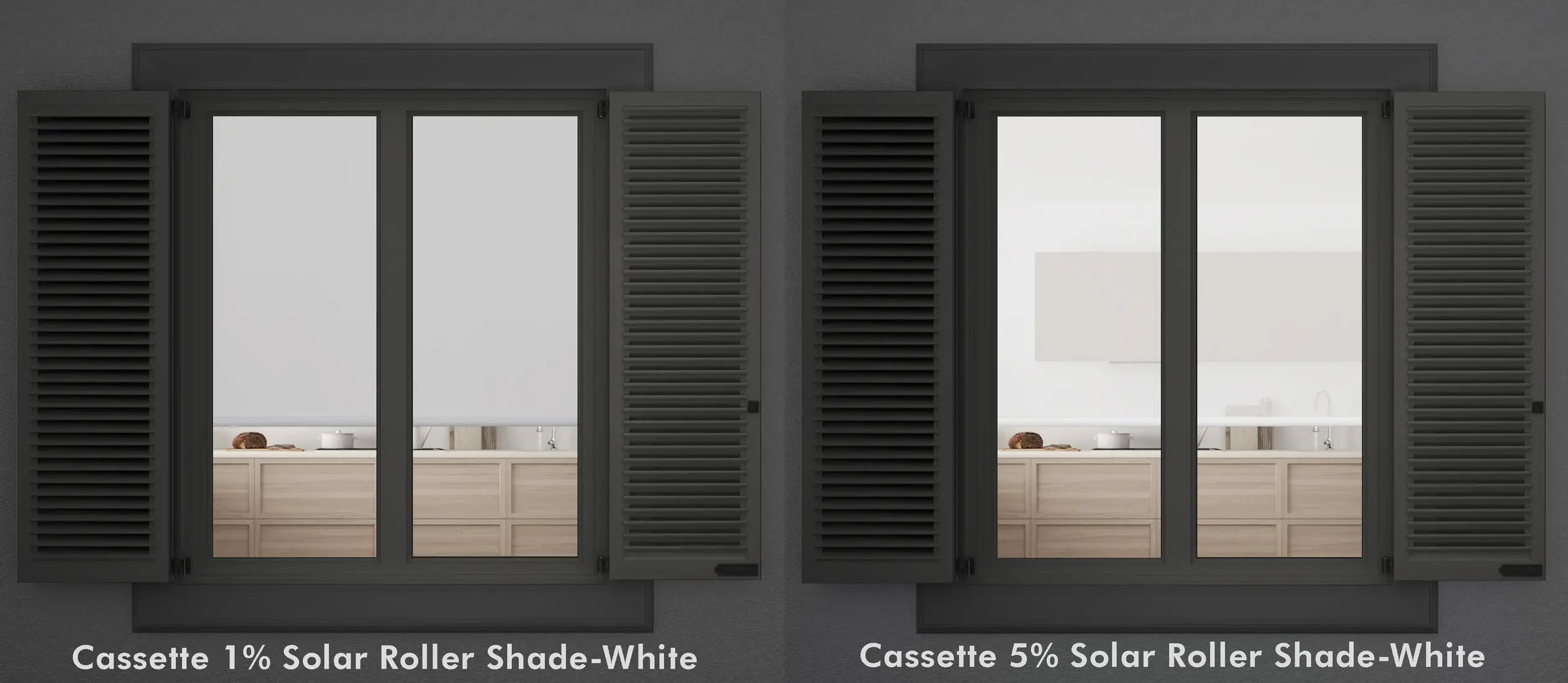 Comparison of Cassette 1% Solar Roller Shade vs 5% Solar Roller Shade in white, showing light filtering difference